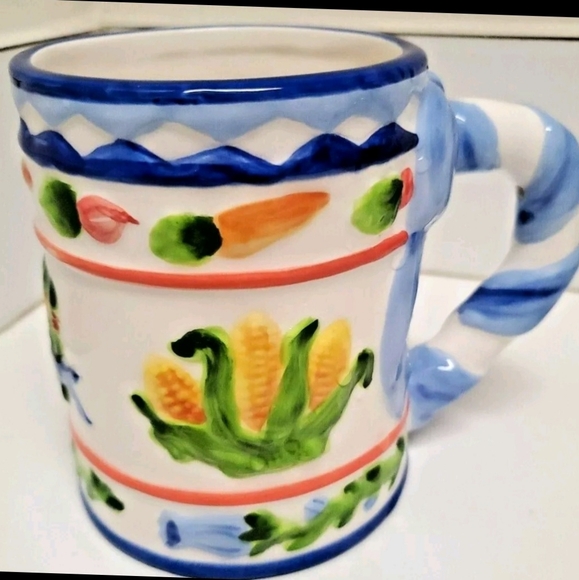 Zrike Colorful Hand Painted Ceramic Mug "Cornucopia" Embossed Veggies Pre-owned - Picture 3 of 6